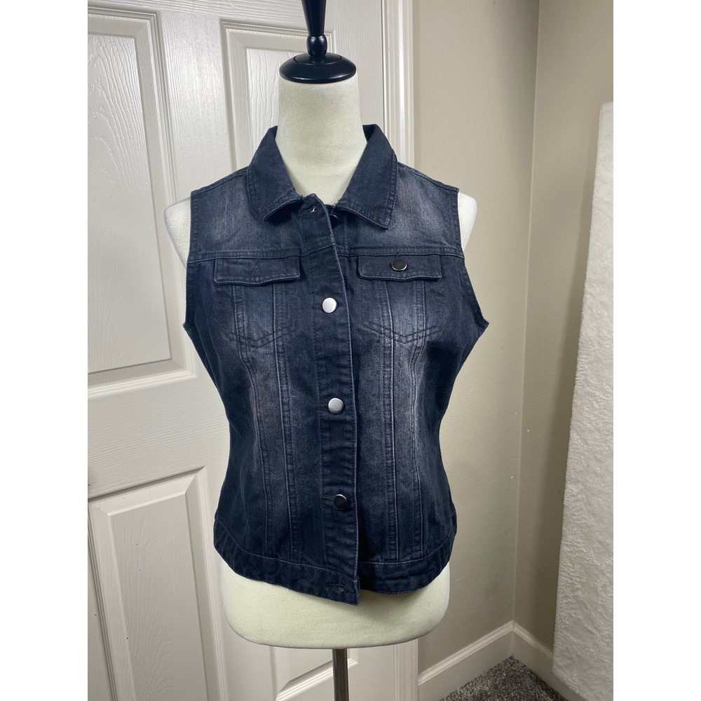 NWT MISSMOLY Denim Vest Sleeveless Jean Jacket Button Up Black Wash S‎